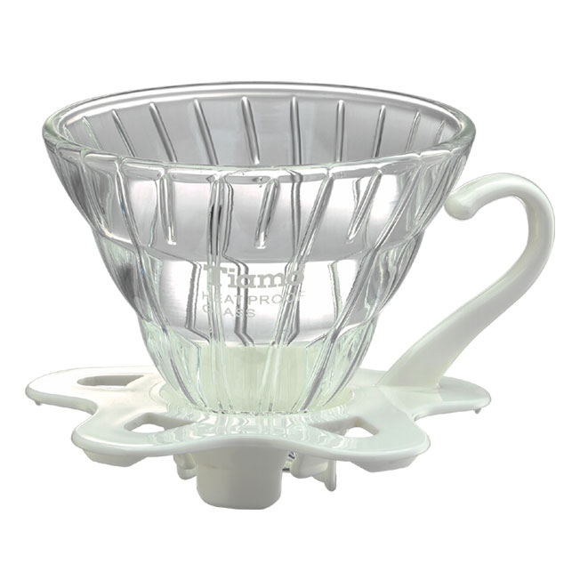TIAMO V01 耐熱玻璃咖啡濾杯 濾器 附咖啡匙+滴水盤 白色  |錐型咖啡濾杯 / 濾紙