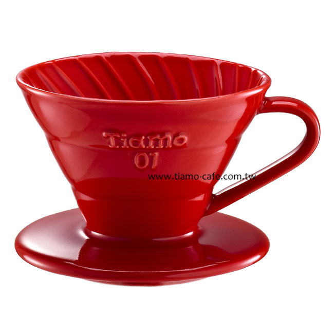 TIAMO V01陶瓷圓錐咖啡濾器組(紅)附濾紙量匙  |錐型咖啡濾杯 / 濾紙