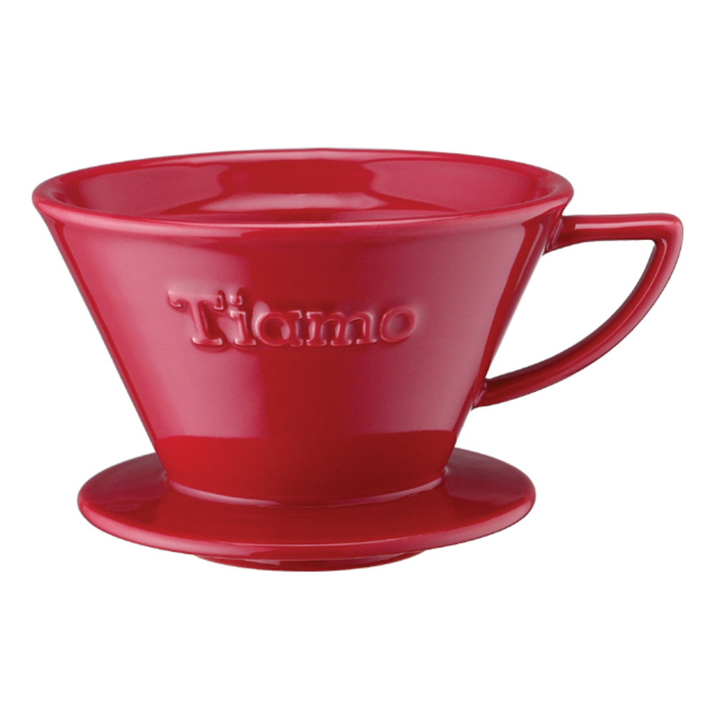 TIAMO K02 陶瓷咖啡濾器附滴水盤匙量匙 -紅色  |梯型濾杯 / K型濾杯 / 濾紙